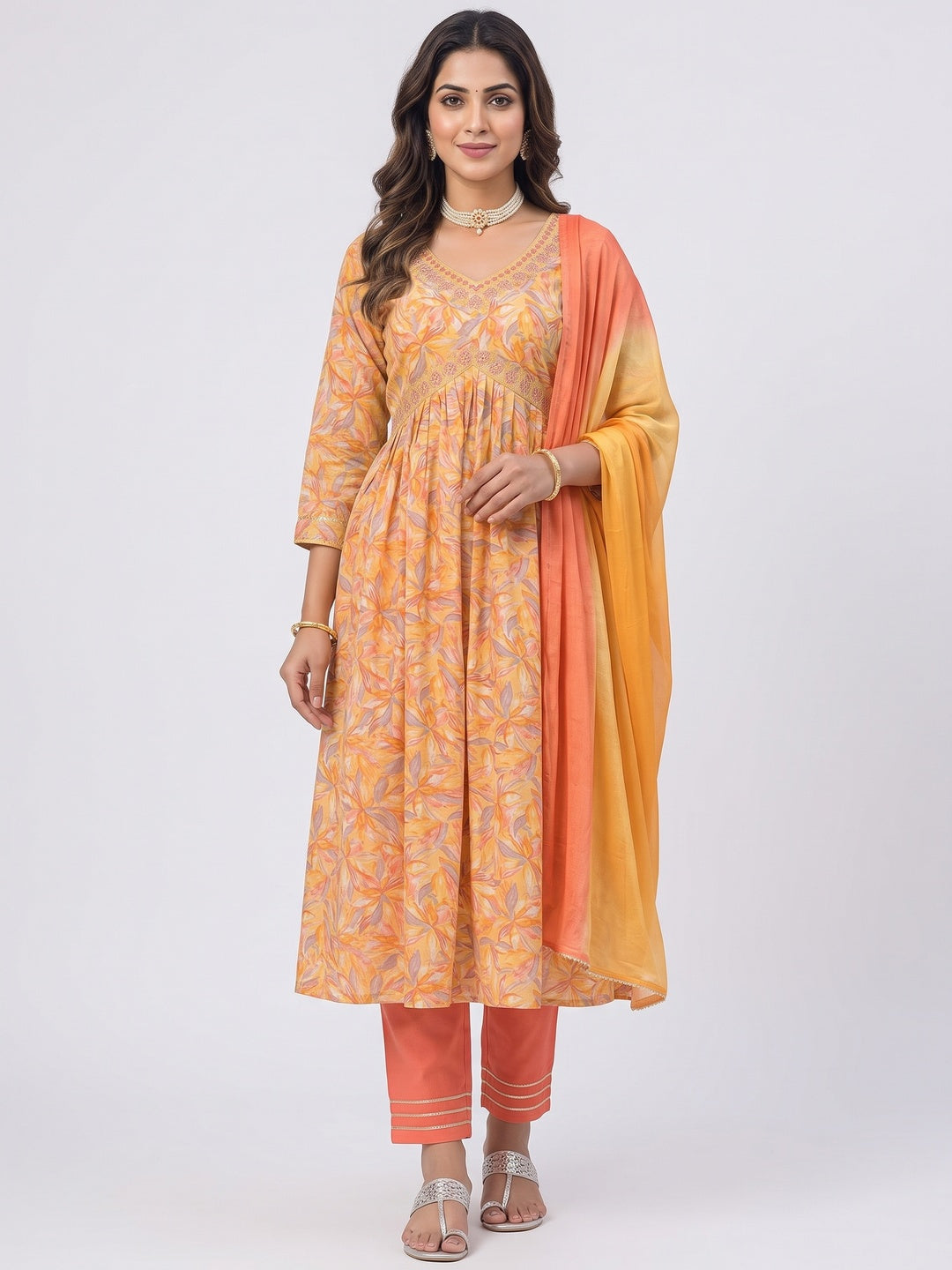 Yellow Floral Printed Modal Anarkali Salwar Suit - Image 1