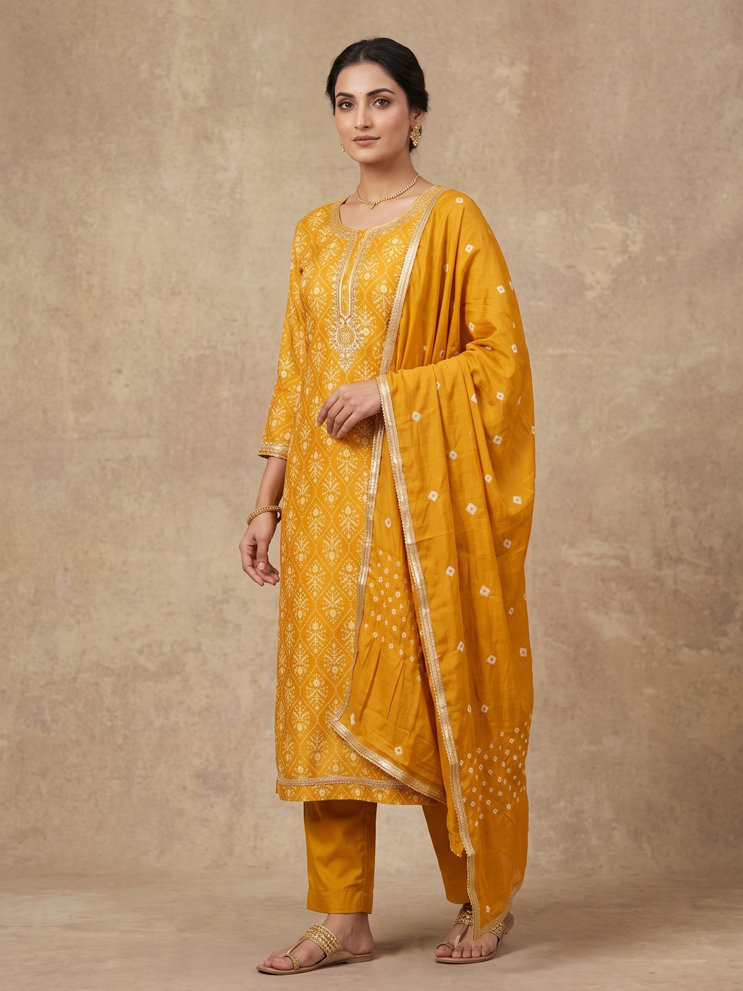 Peachmode Mustard Unstitched Dress Material - Image 2