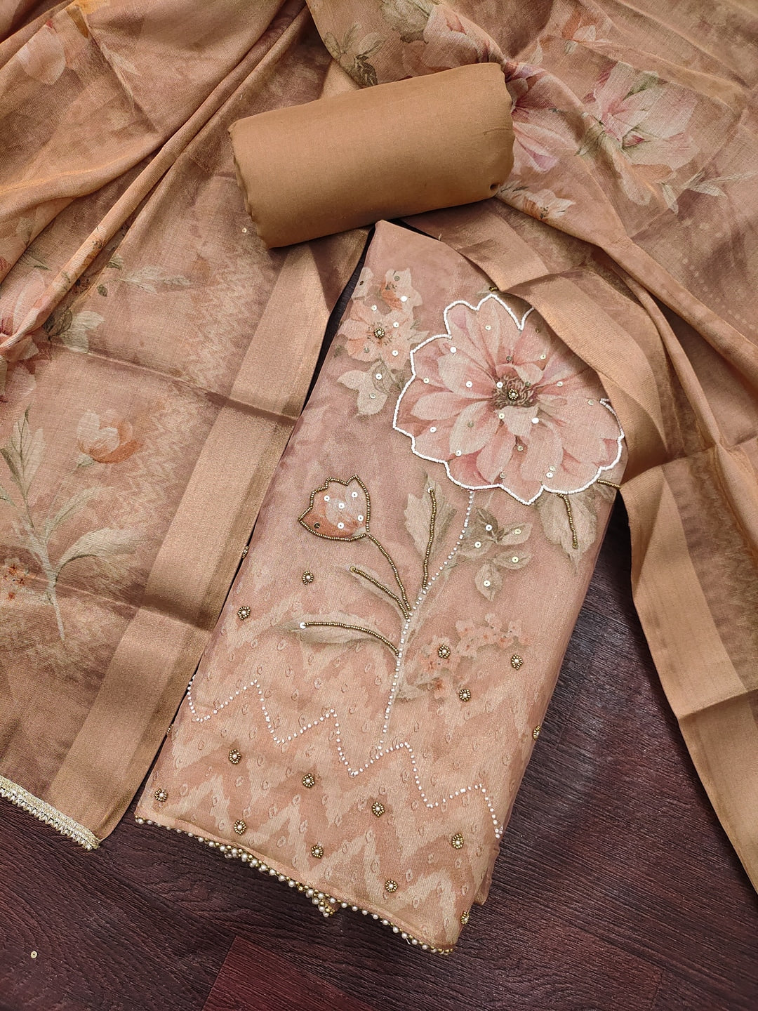 Peachmode Beige Unstitched Dress Material - Image 1