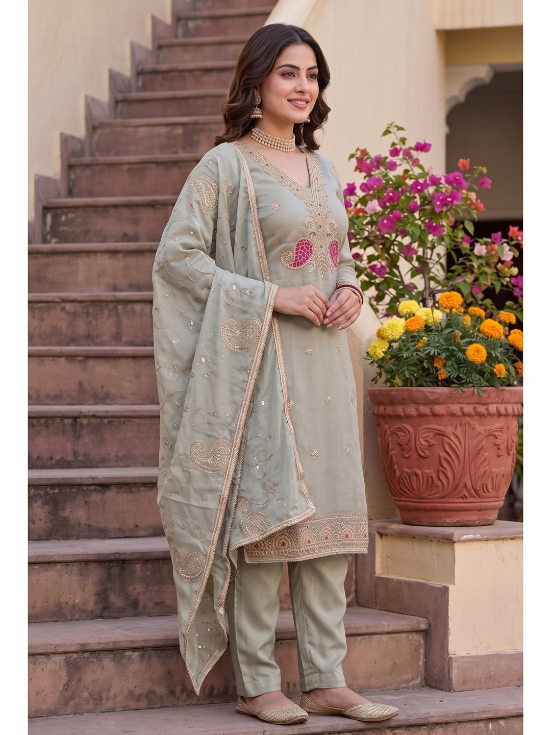 Peachmode Green Unstitched Dress Material - Image 5