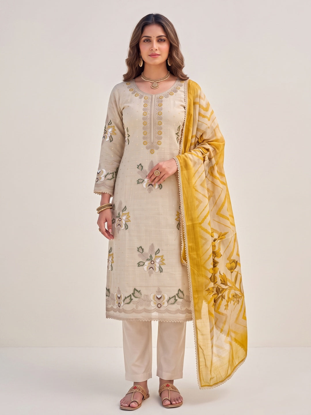 Peachmode Yellow Unstitched Dress Material - Image 2