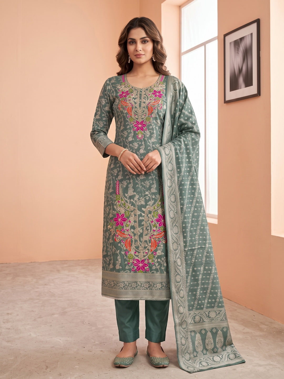 Peachmode Green Unstitched Dress Material - Image 2