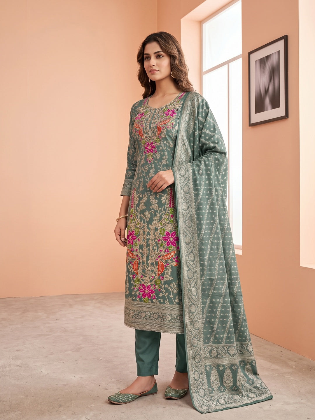 Peachmode Green Unstitched Dress Material - Image 5