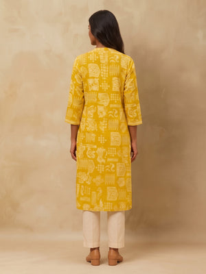 Olive Handblock Printed Pure Cotton A-Line Kurti - Image 2
