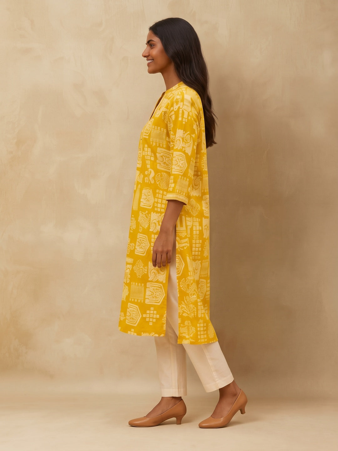 Olive Handblock Printed Pure Cotton A-Line Kurti - Image 3