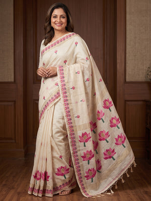 Peachmode Off White Pink Lotus Woven Cotton Blend Jamdani Saree - Image 1