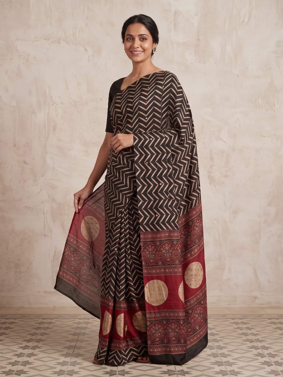 Peachmode Black Red Chevron Print Crepe Silk Saree - Image 3