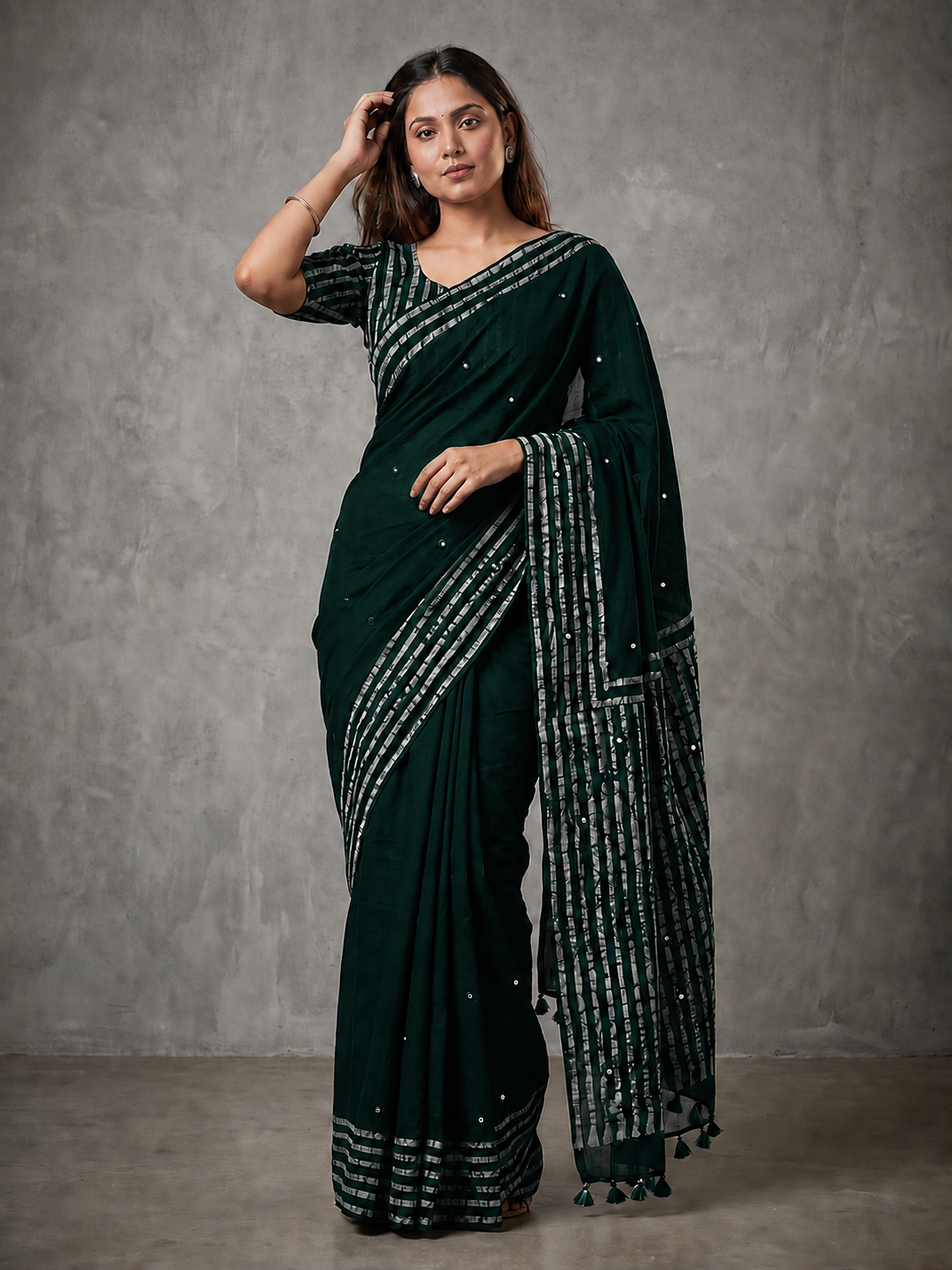Peachmode Deep Bottle Green Mul Cotton Mirror Work Saree - Image 1
