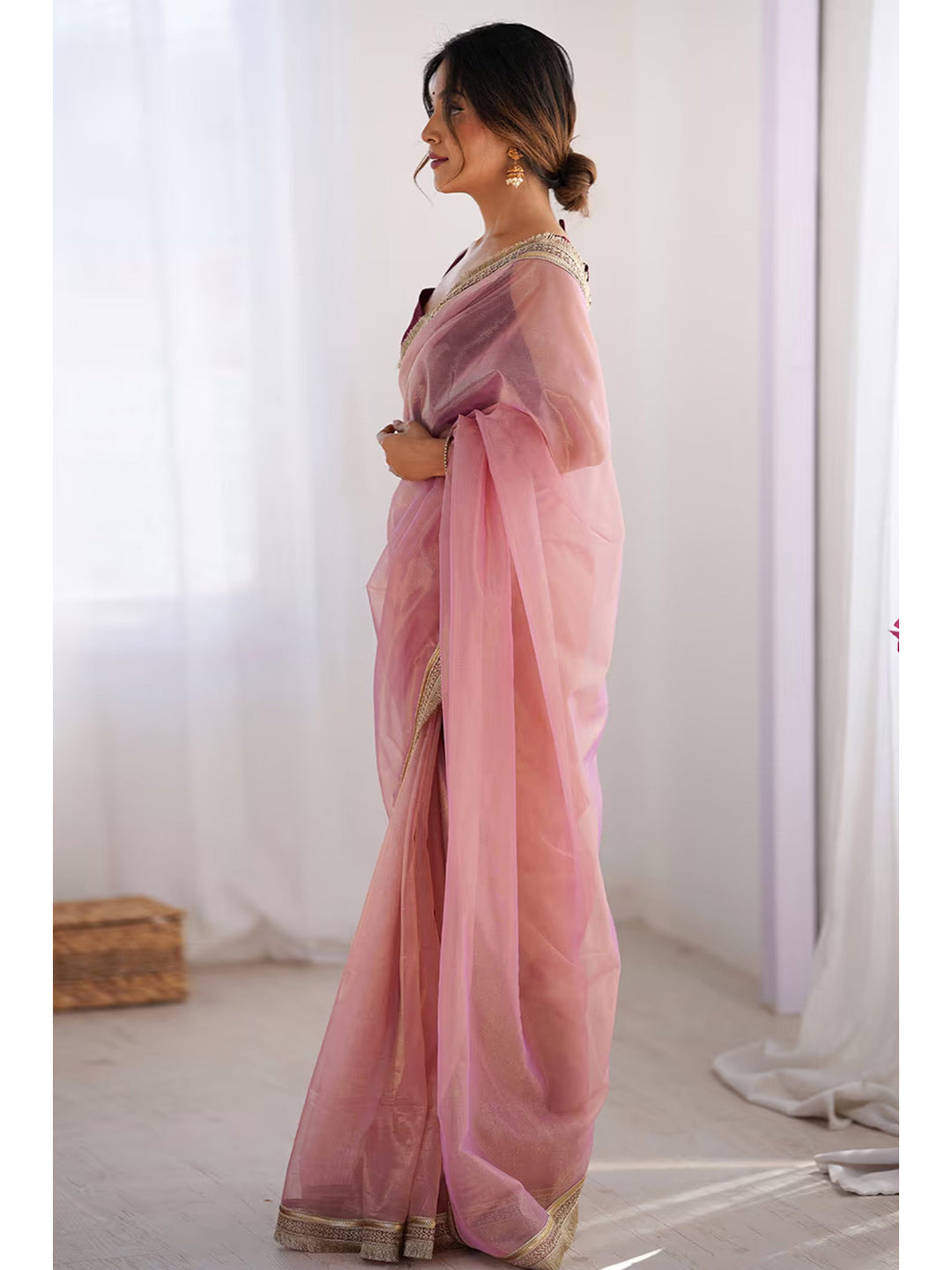 Feminine Rose Pink Solid Net Saree with Sophisticated Lace Border Work - Image 3