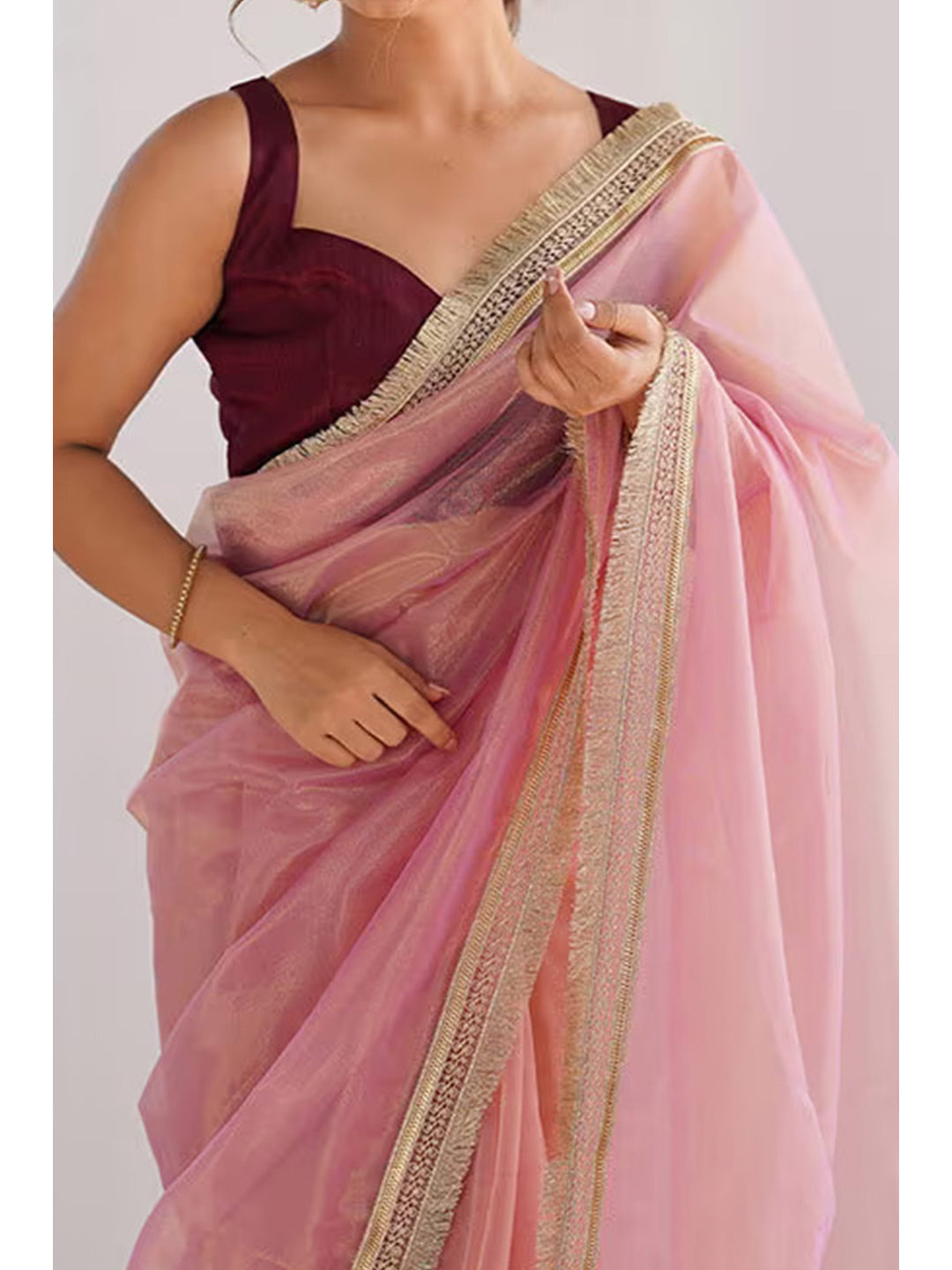Feminine Rose Pink Solid Net Saree with Sophisticated Lace Border Work - Image 5