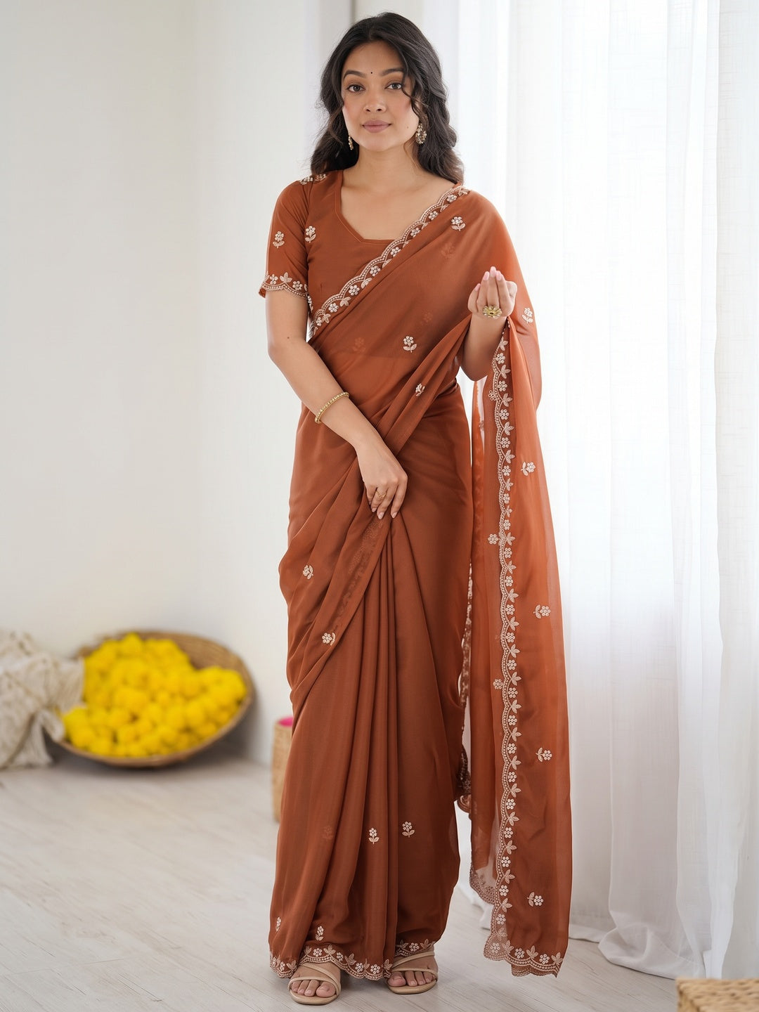 Burgundy Partywear Star Georgette Saree Adorned with Floral Embroidery and Beads Work - Image 1