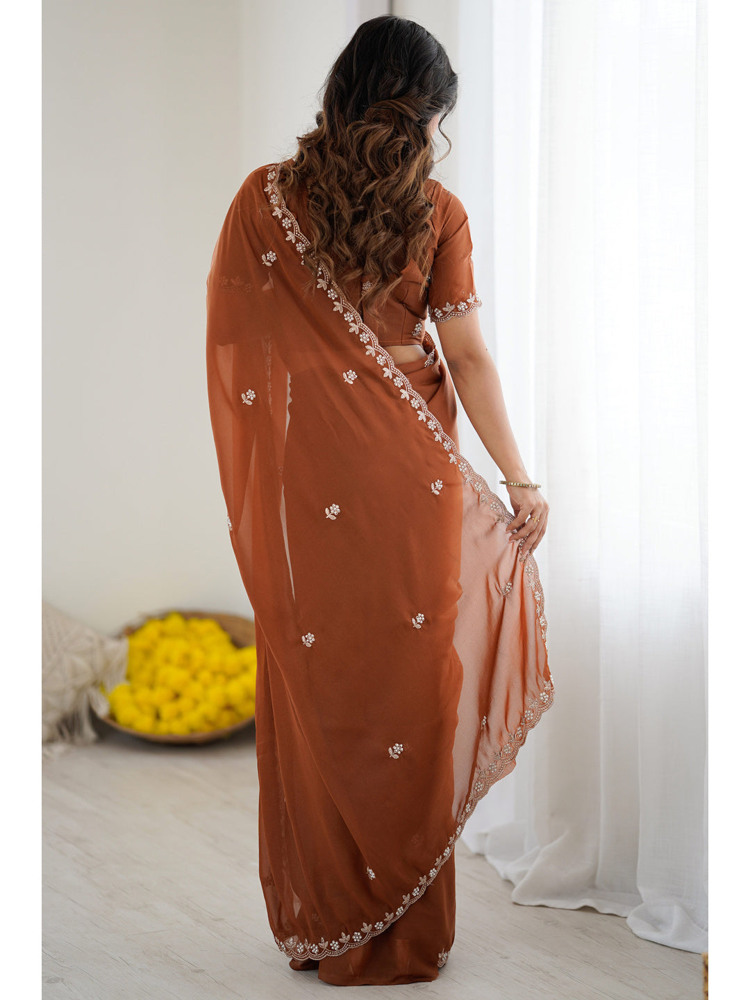 Burgundy Partywear Star Georgette Saree Adorned with Floral Embroidery and Beads Work - Image 2