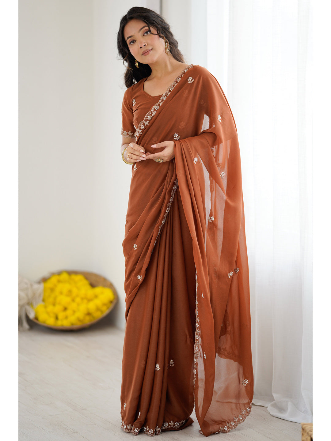 Burgundy Partywear Star Georgette Saree Adorned with Floral Embroidery and Beads Work - Image 3