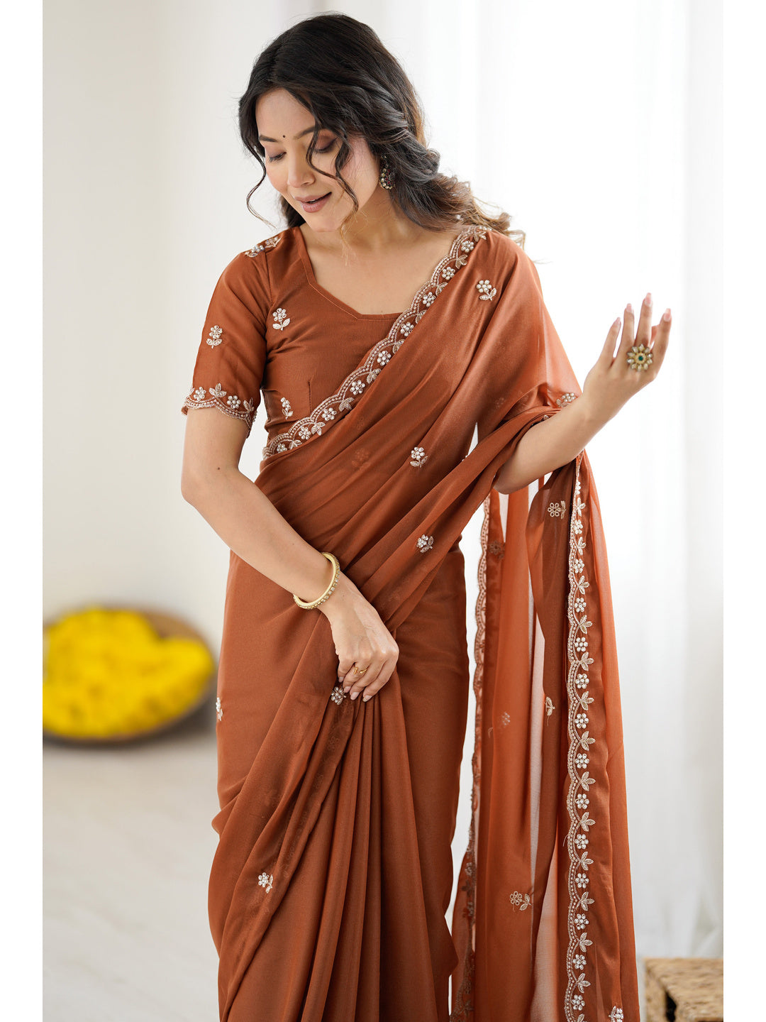 Burgundy Partywear Star Georgette Saree Adorned with Floral Embroidery and Beads Work - Image 4