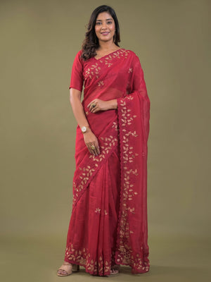 Dark Pink Sheer Organza Saree Adorned with Floral Embroidery - Image 1