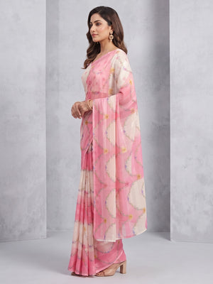 Pink Bloom Floral Digital Printed Georgette Saree Accentuated With Graceful Zari Stripes - Image 2