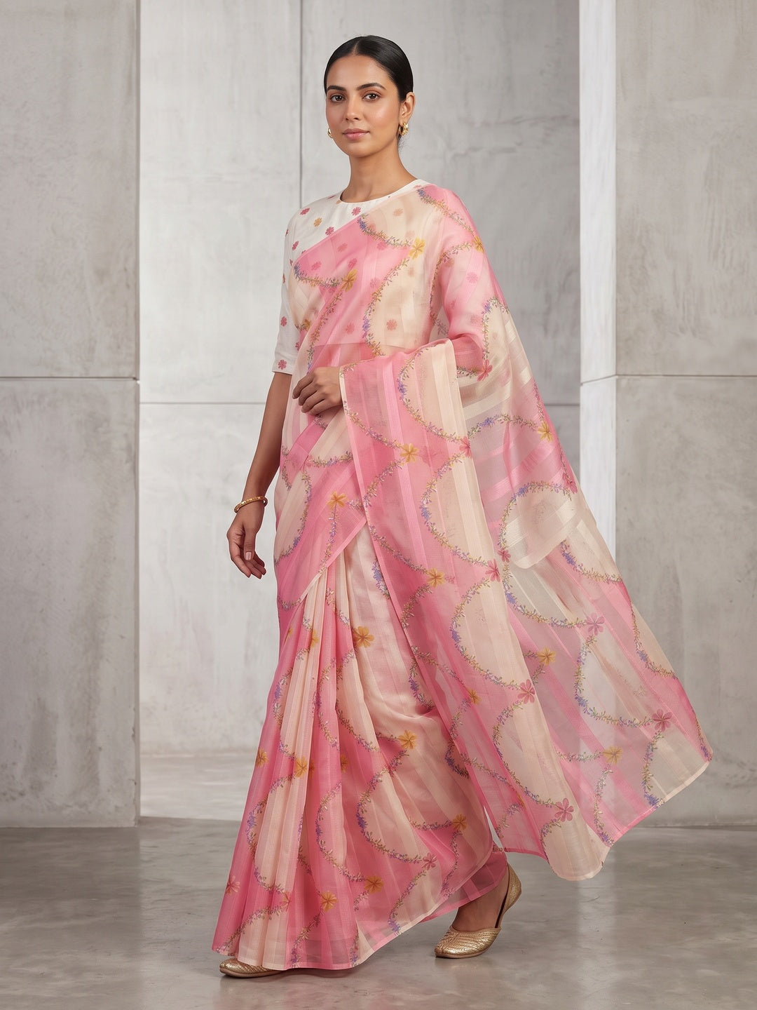 Pink Bloom Floral Digital Printed Georgette Saree Accentuated With Graceful Zari Stripes - Image 5