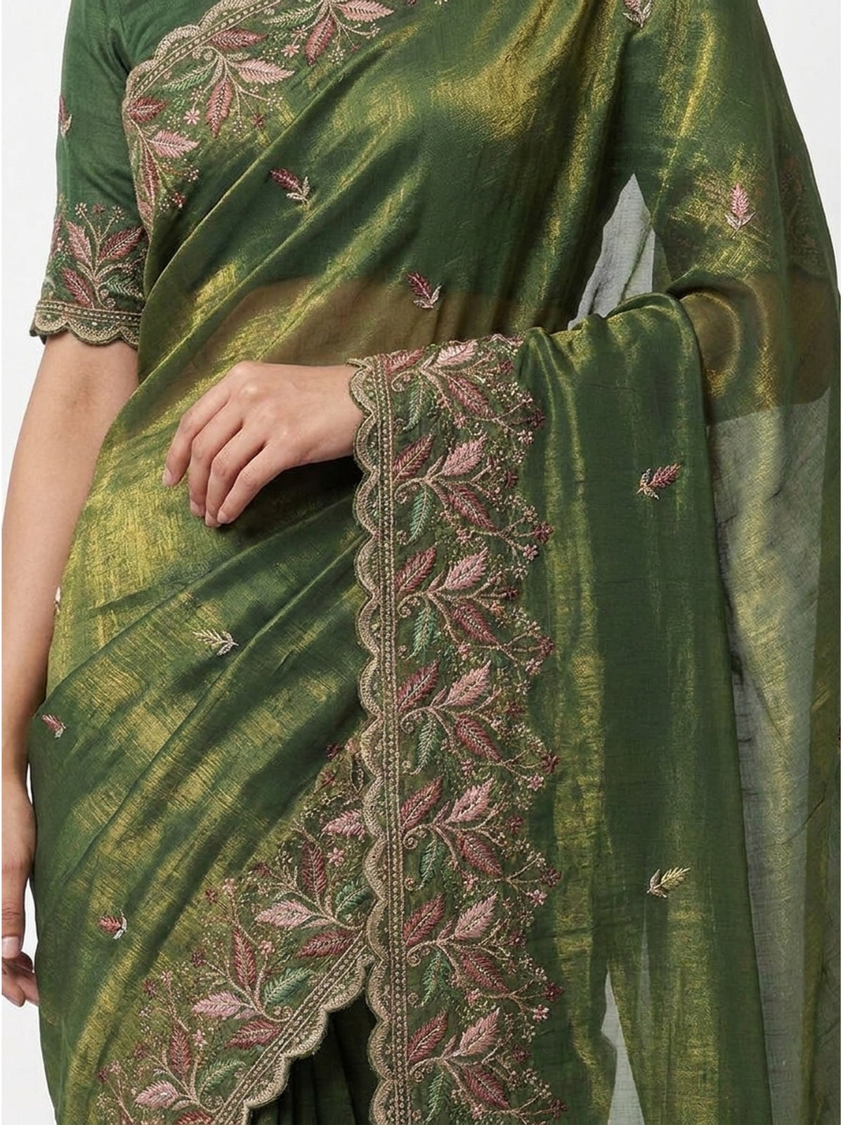 Mesmerizing Green Chiffon Saree Showcasing Artistic Floral Embroidery For A Luxurious Appeal - Image 7