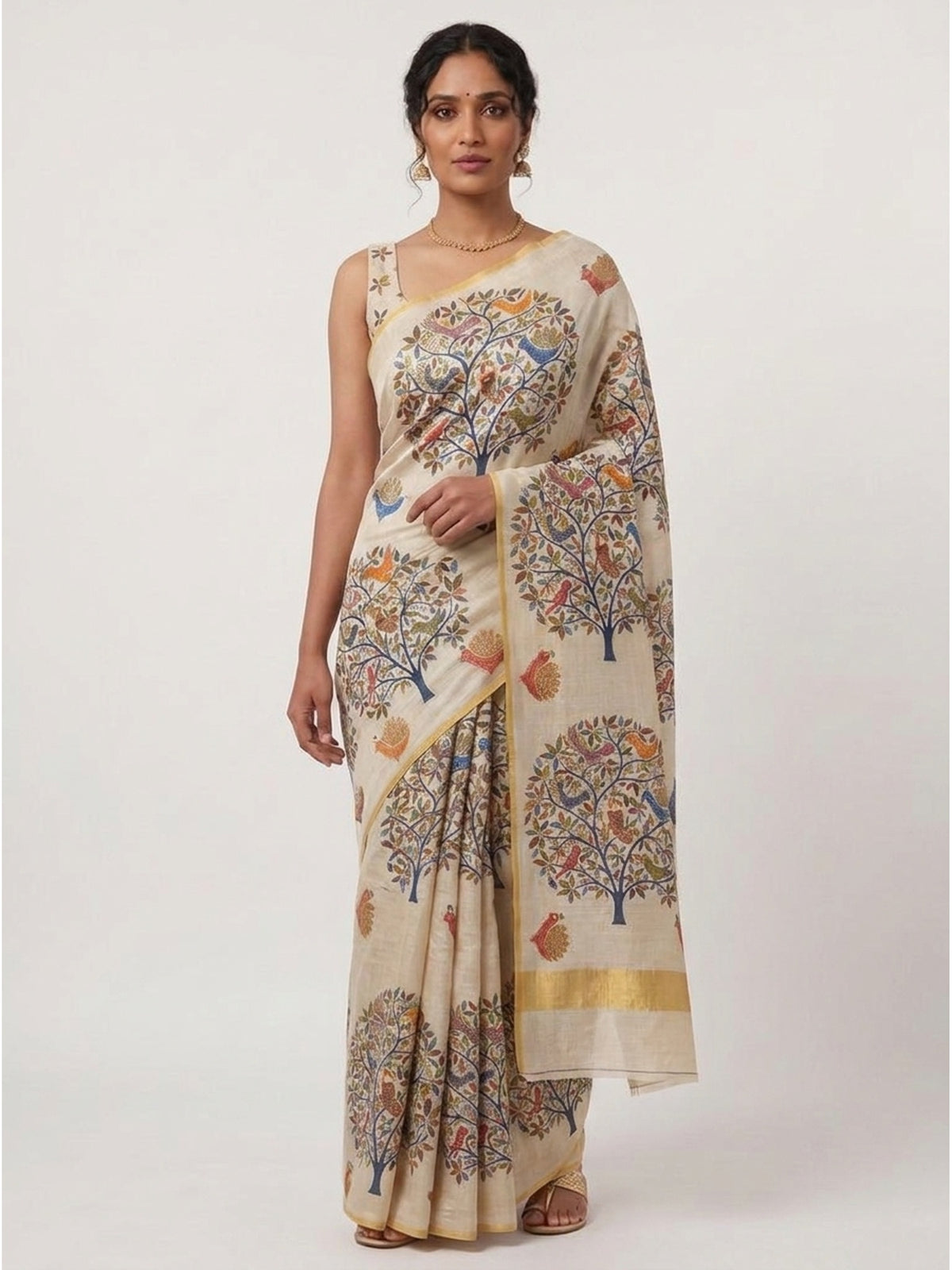Ethnic Beige Tussar Silk Saree with Detailed Tree of Life Printed Motifs - Image 6