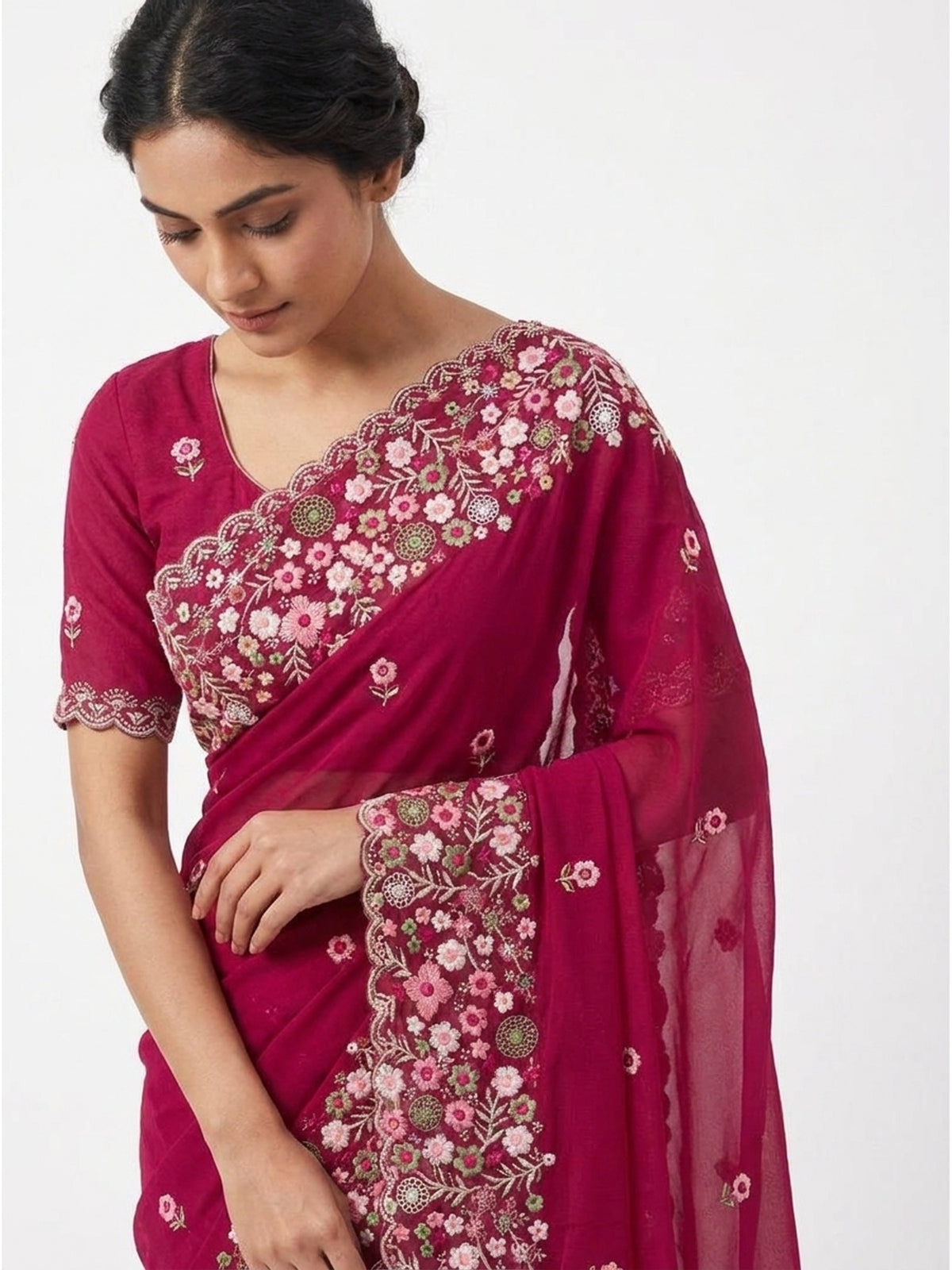 Graceful Pink Georgette Saree Featuring Exquisite Floral Thread Embroidery Work - Image 5