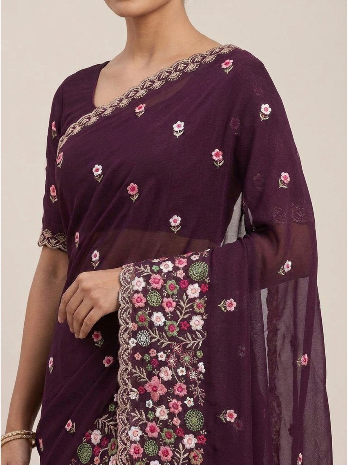 Graceful Wine Georgette Saree Featuring Exquisite Floral Thread Embroidery Work - Image 7