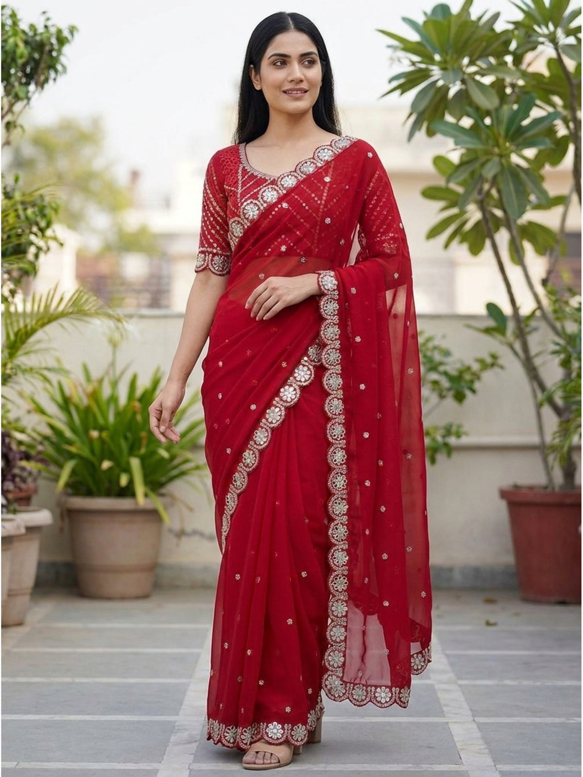 Red Sequins Embellished Georgette Saree with Glamorous Party-Wear Finish - Image 5