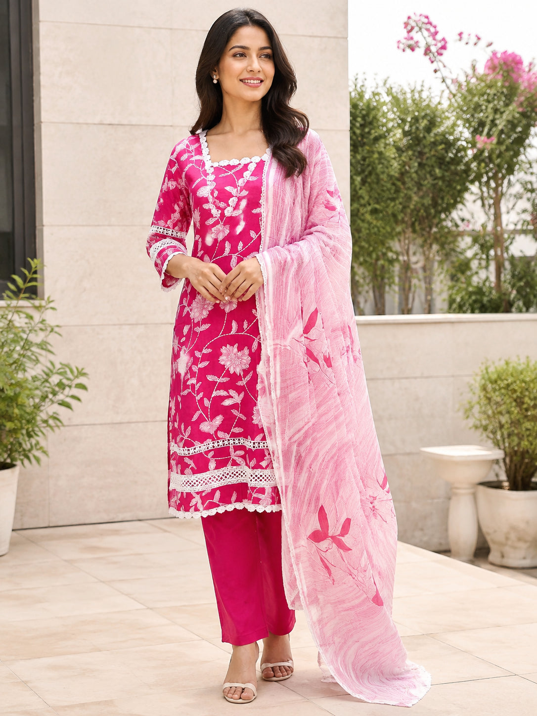 Peachmode Pink Pure Cotton Floral Printed Salwar Suit - Image 1
