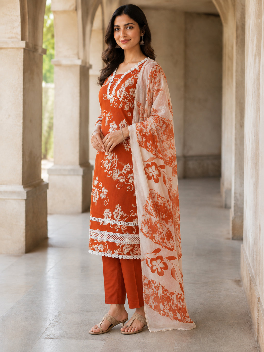 Peachmode Rust Pure Cotton Floral Printed Salwar Suit - Image 3