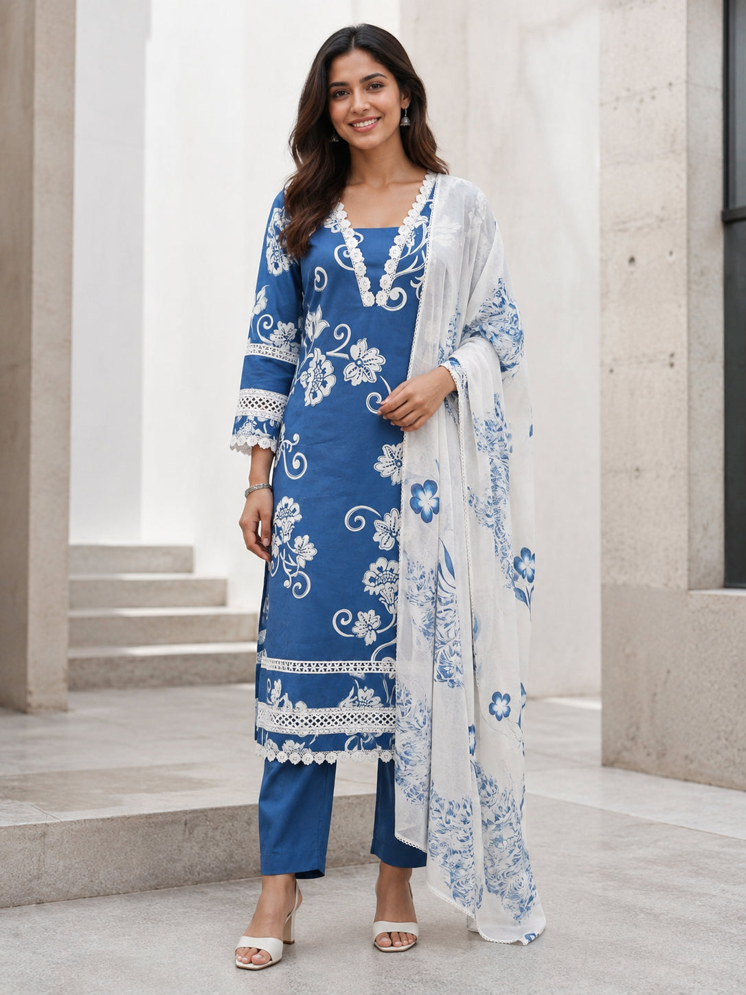 Peachmode Blue Pure Cotton Floral Printed Salwar Suit - Image 1