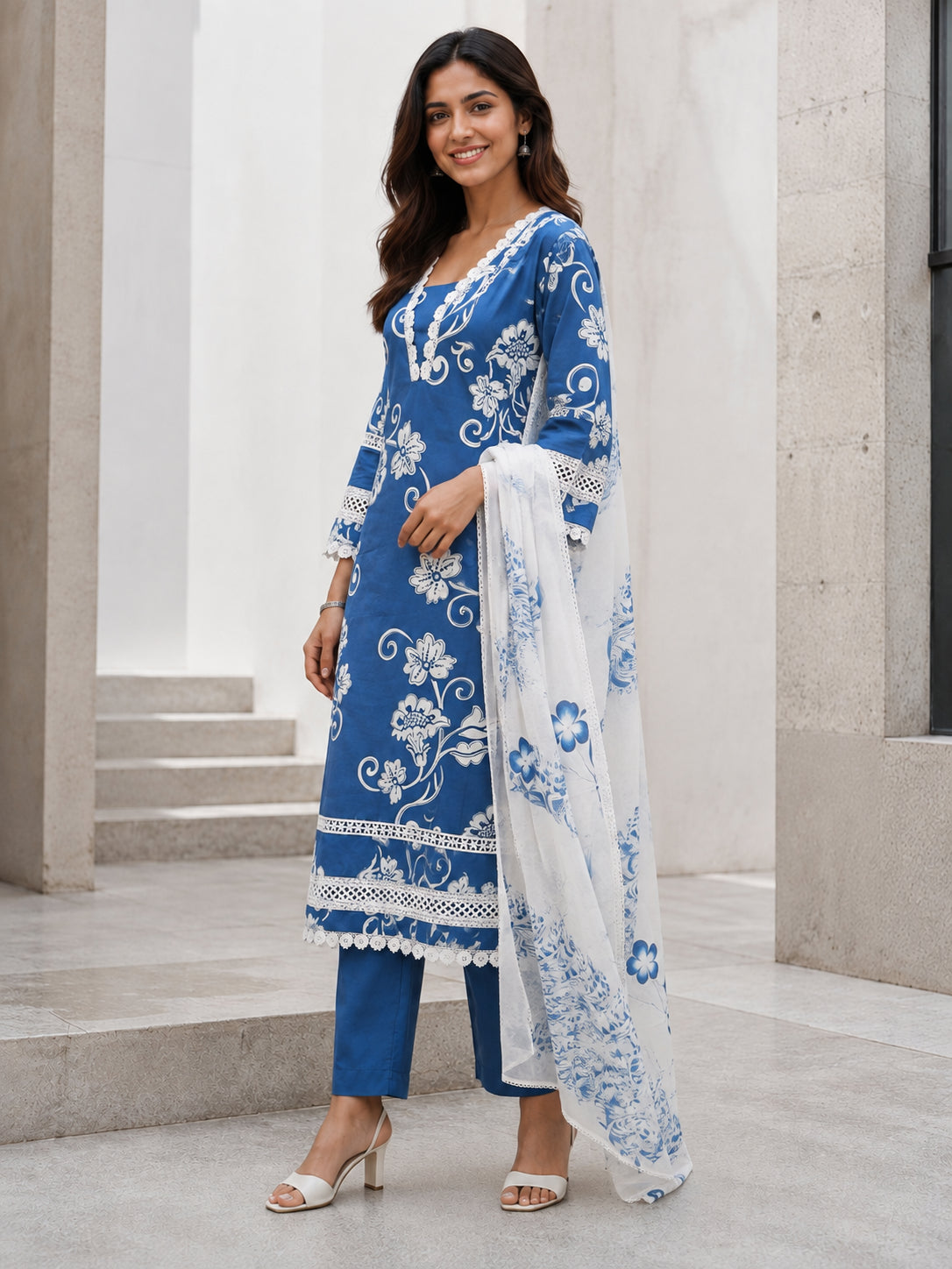 Peachmode Blue Pure Cotton Floral Printed Salwar Suit - Image 3