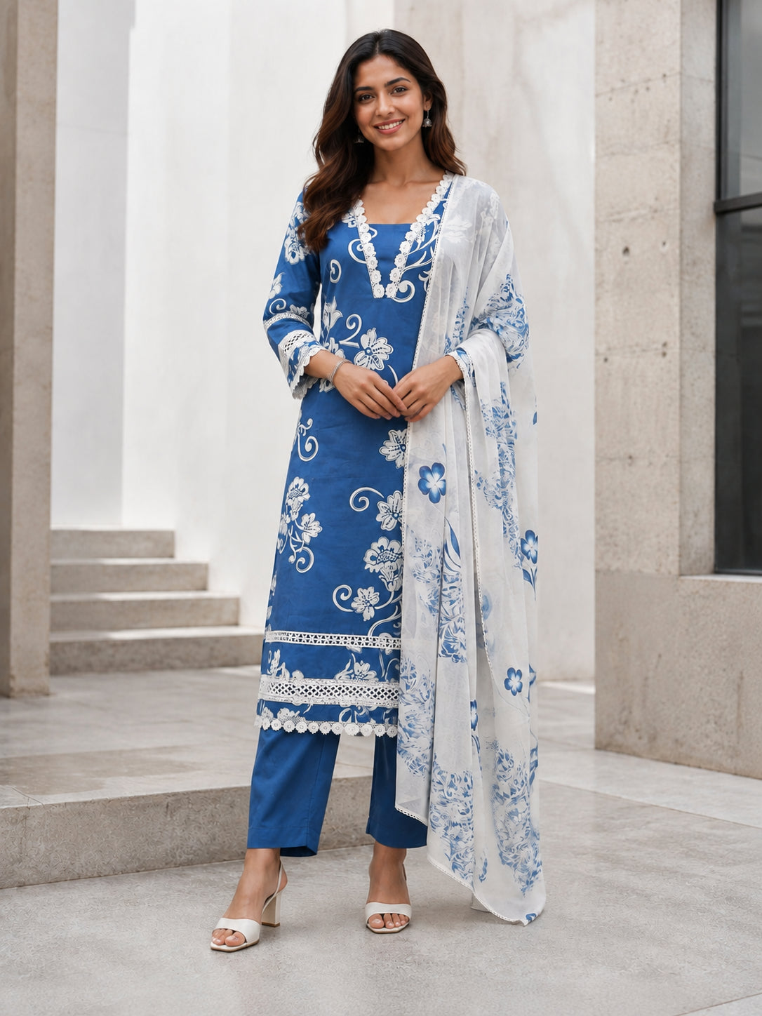 Peachmode Blue Pure Cotton Floral Printed Salwar Suit - Image 5