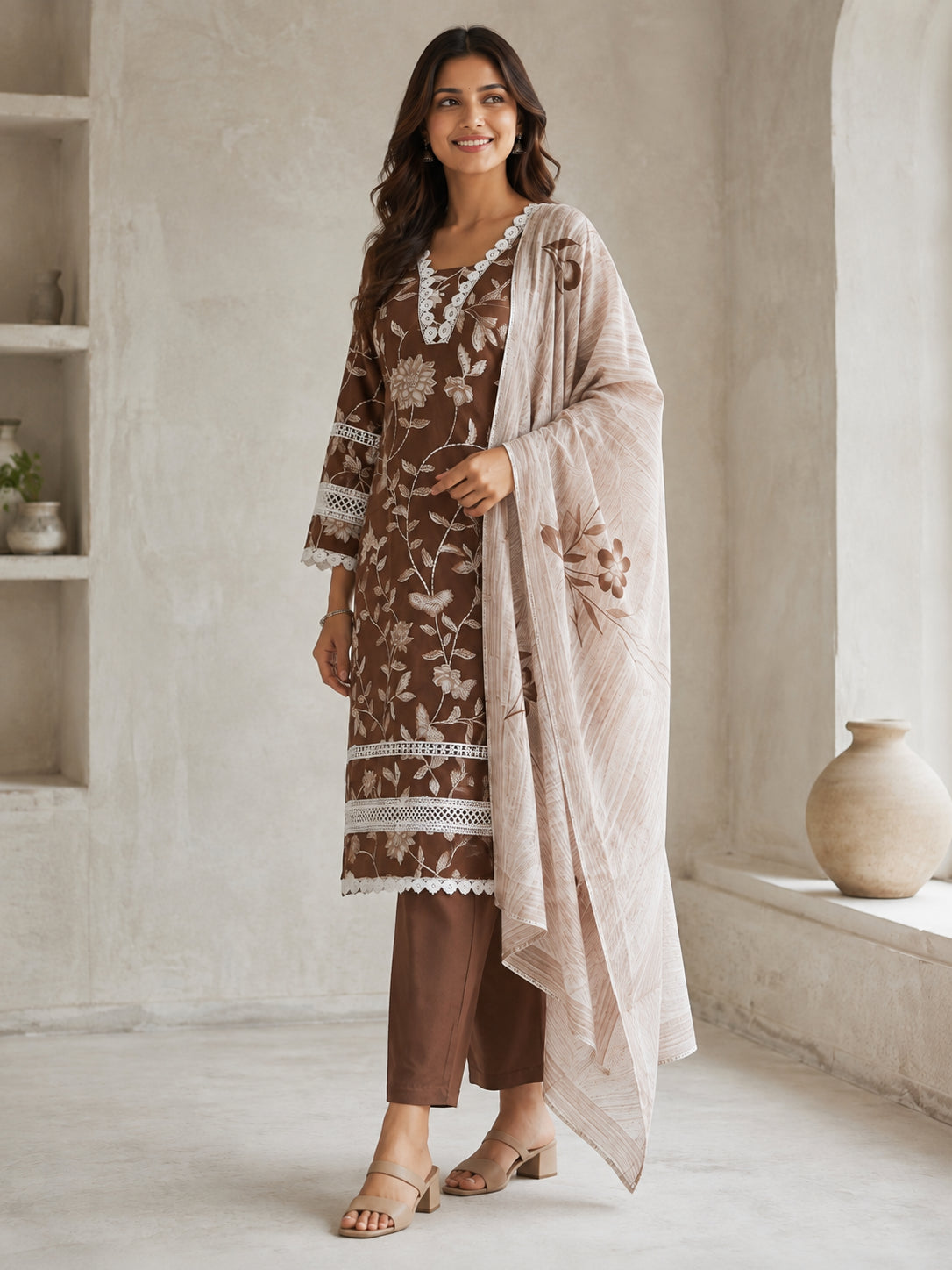 Peachmode Brown Pure Cotton Floral Printed Salwar Suit - Image 3