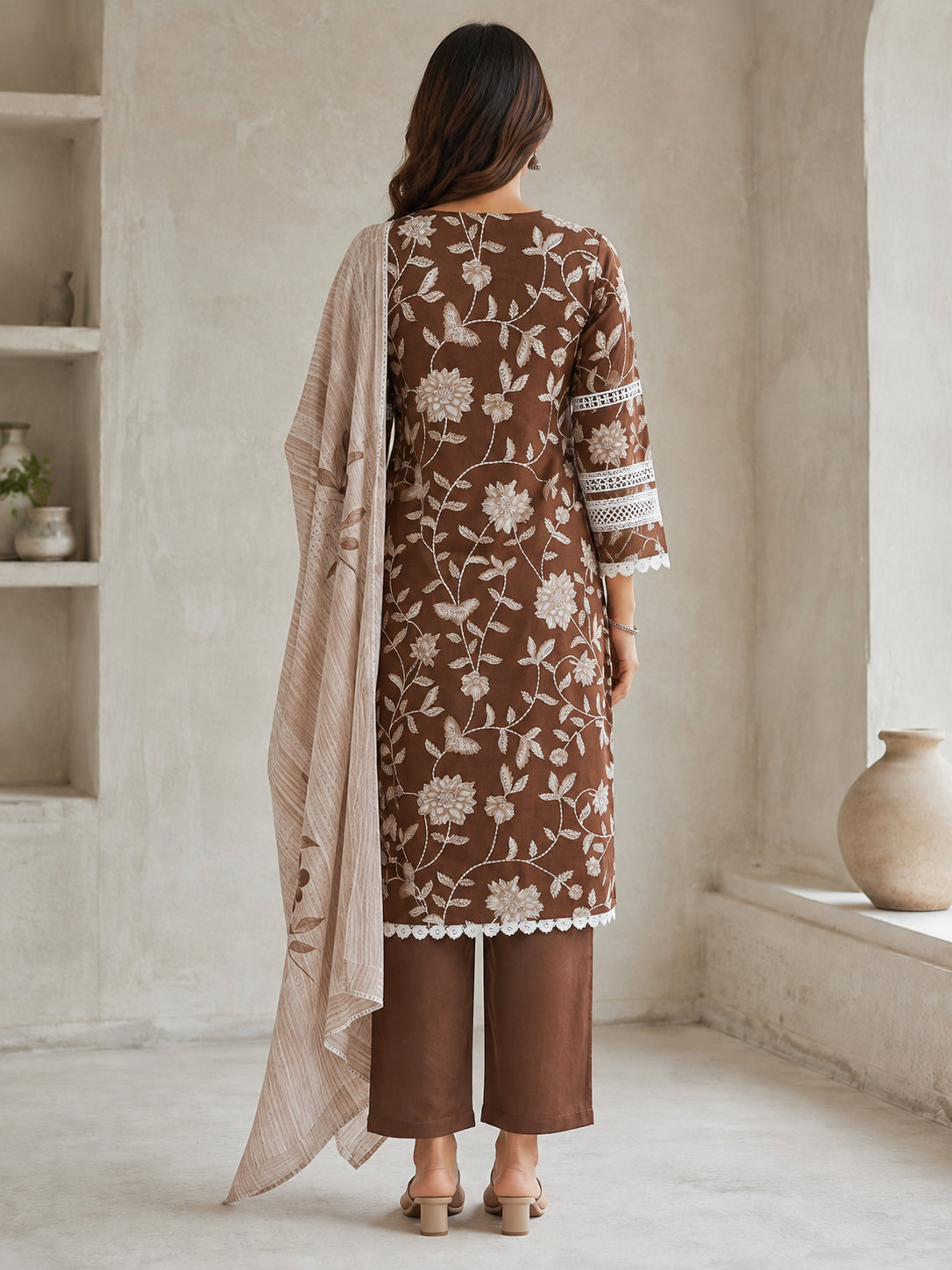 Peachmode Brown Pure Cotton Floral Printed Salwar Suit - Image 4