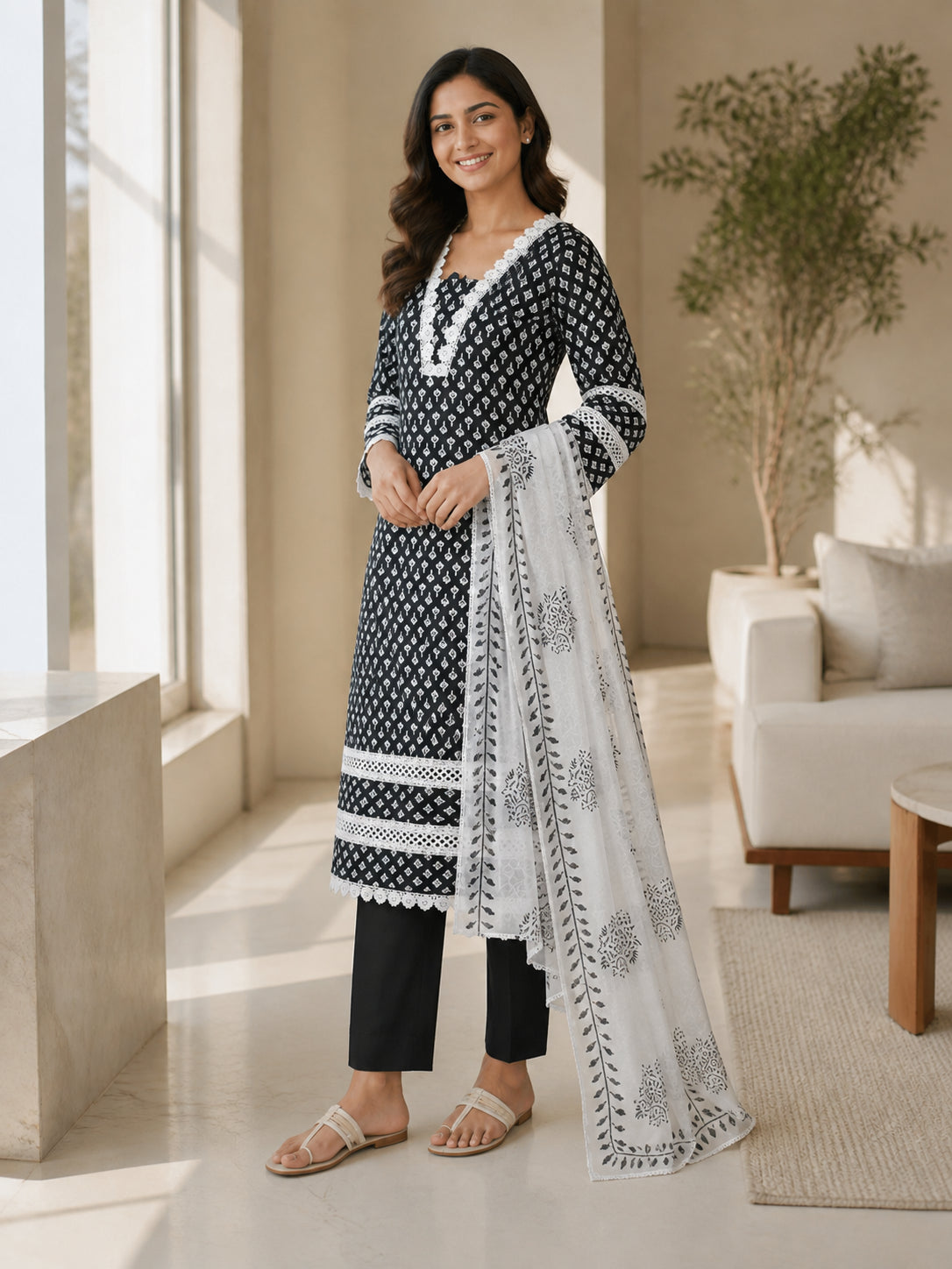 Peachmode Black Pure Cotton Floral Printed Salwar Suit - Image 3