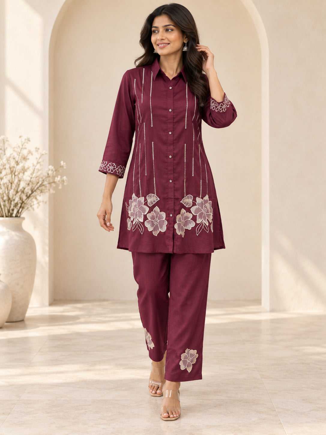 Peachmode Wine Chinon Floral Applique Embroidered Top Bottom Set - Image 1