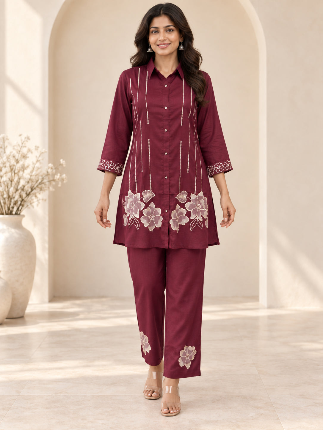 Peachmode Wine Chinon Floral Applique Embroidered Top Bottom Set - Image 2