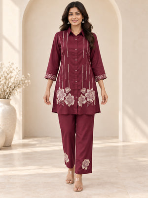 Peachmode Wine Chinon Floral Applique Embroidered Top Bottom Set - Image 2