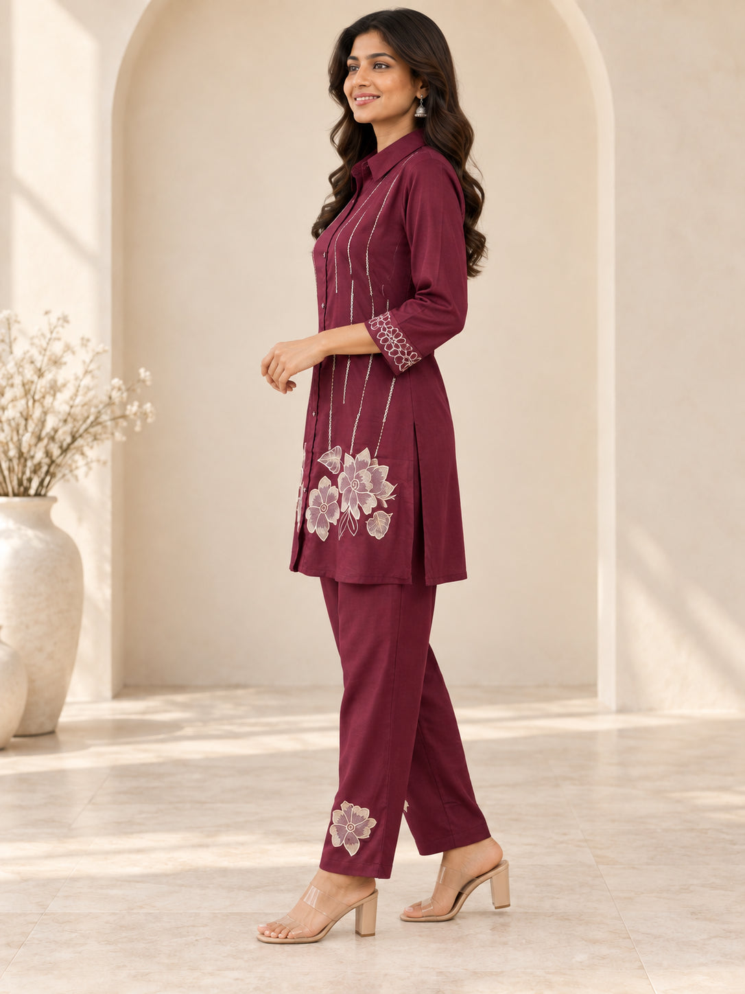 Peachmode Wine Chinon Floral Applique Embroidered Top Bottom Set - Image 3