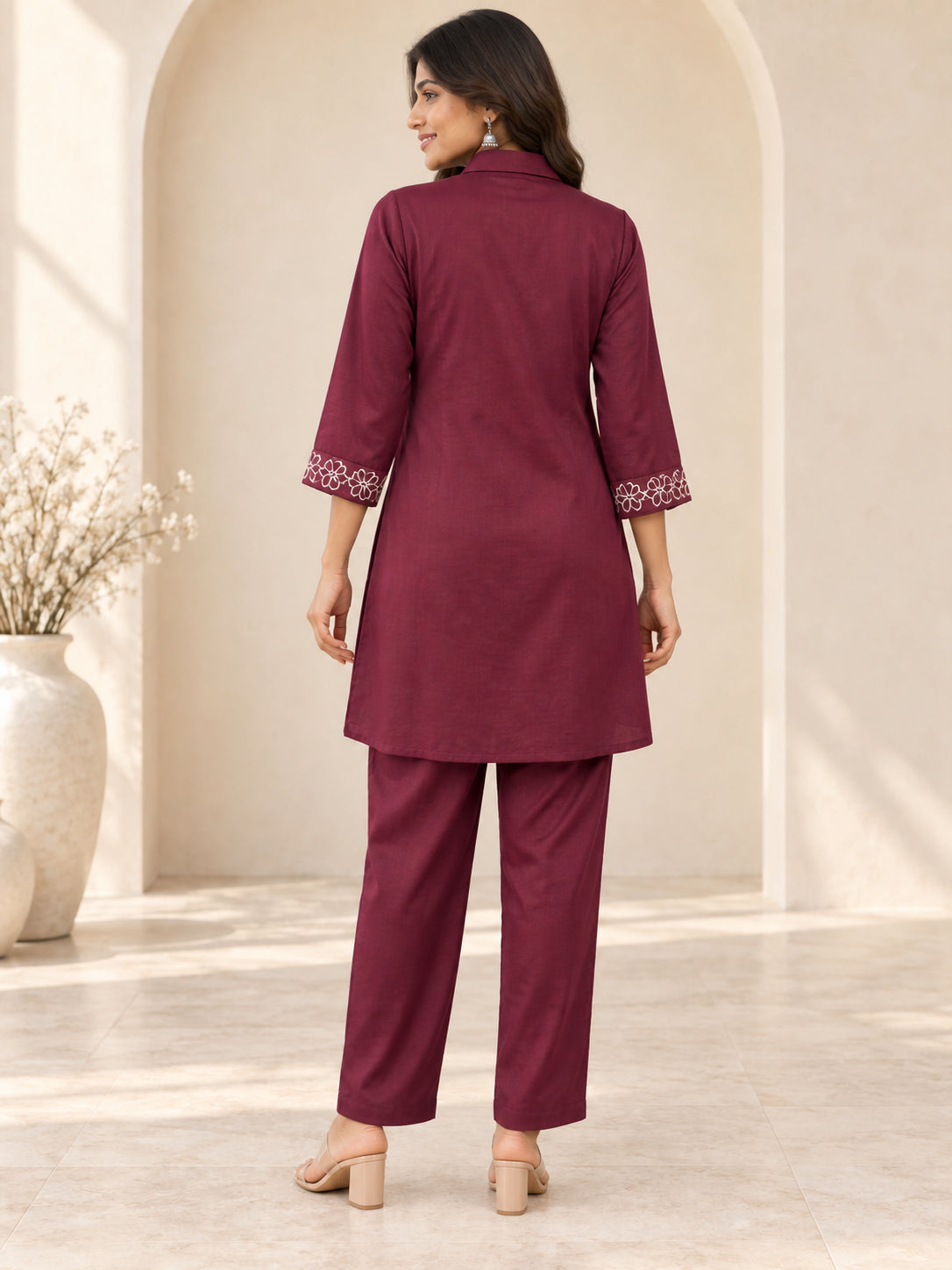 Peachmode Wine Chinon Floral Applique Embroidered Top Bottom Set - Image 4