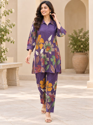 Peachmode Purple Rayon Botanical Floral Printed Top Bottom Set - Image 1
