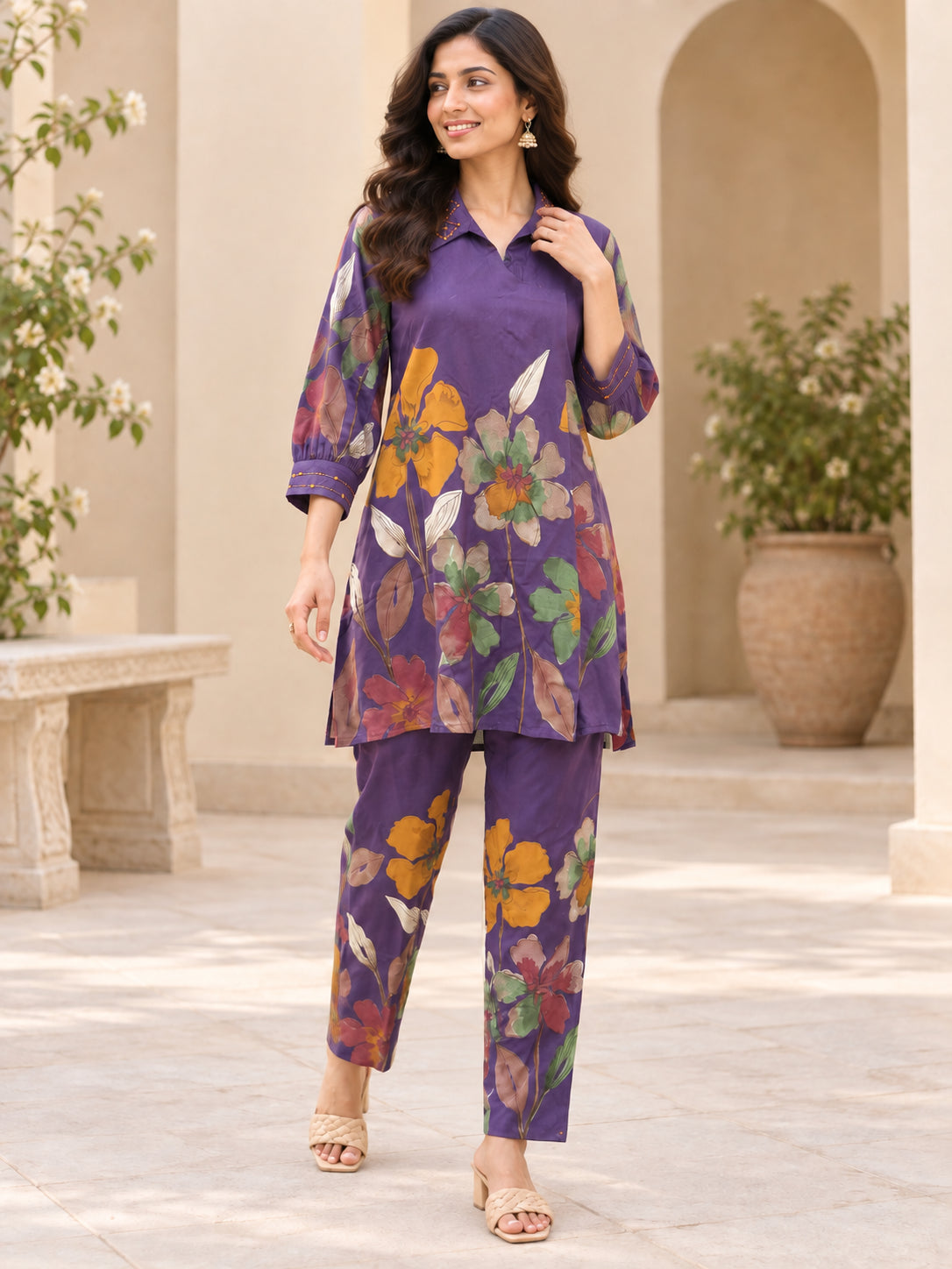 Peachmode Purple Rayon Botanical Floral Printed Top Bottom Set - Image 5