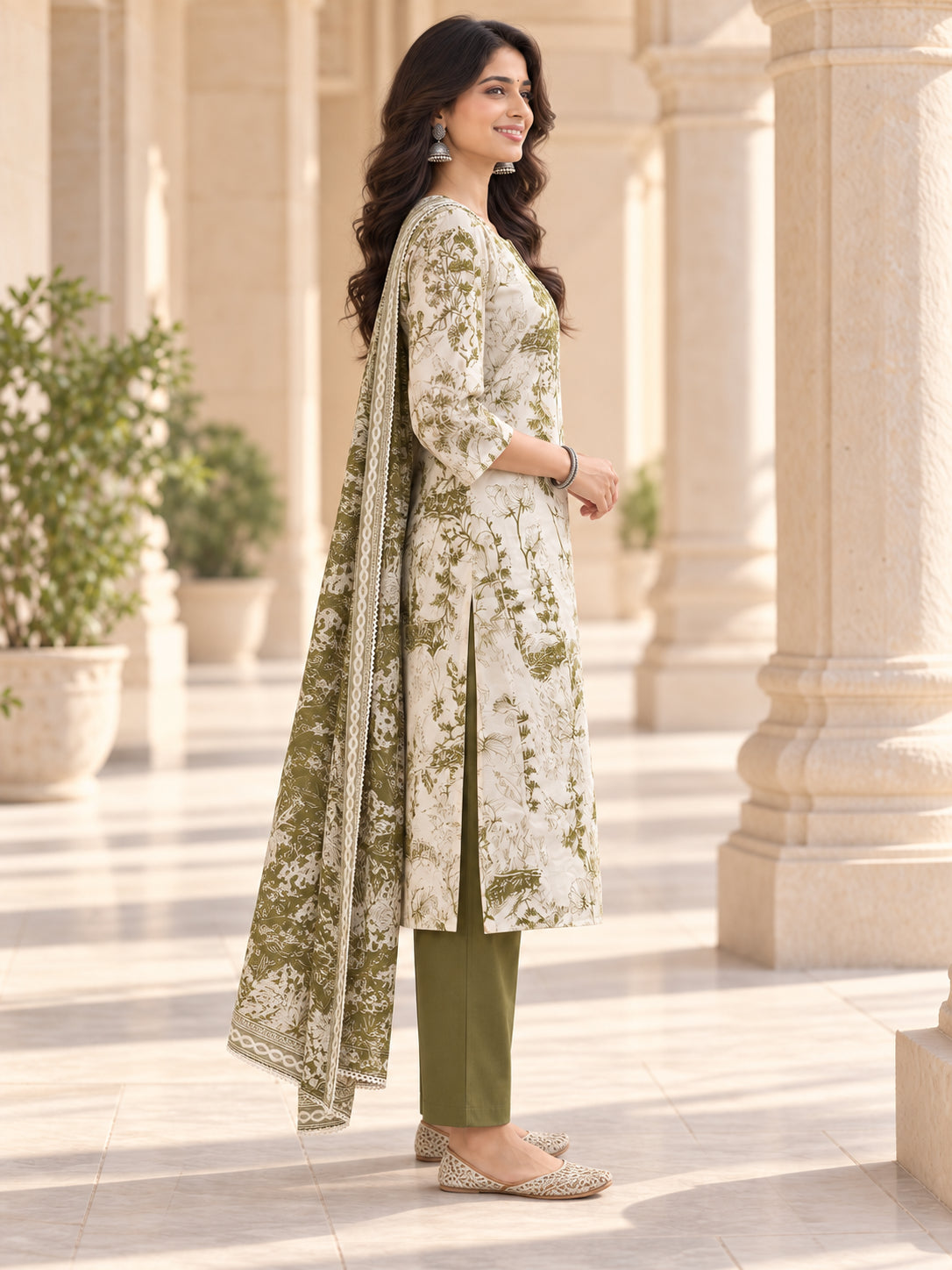 Peachmode Mehandi Green Pure Cotton Botanical Printed Salwar Suit Set - Image 3