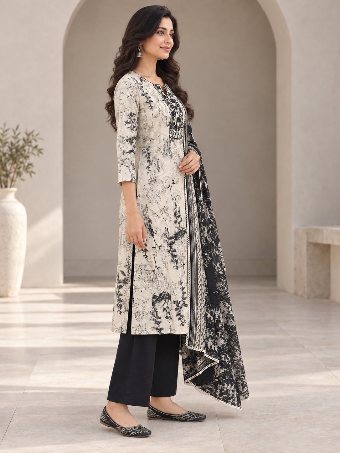 Peachmode Black Pure Cotton Botanical Printed Salwar Suit Set - Image 3