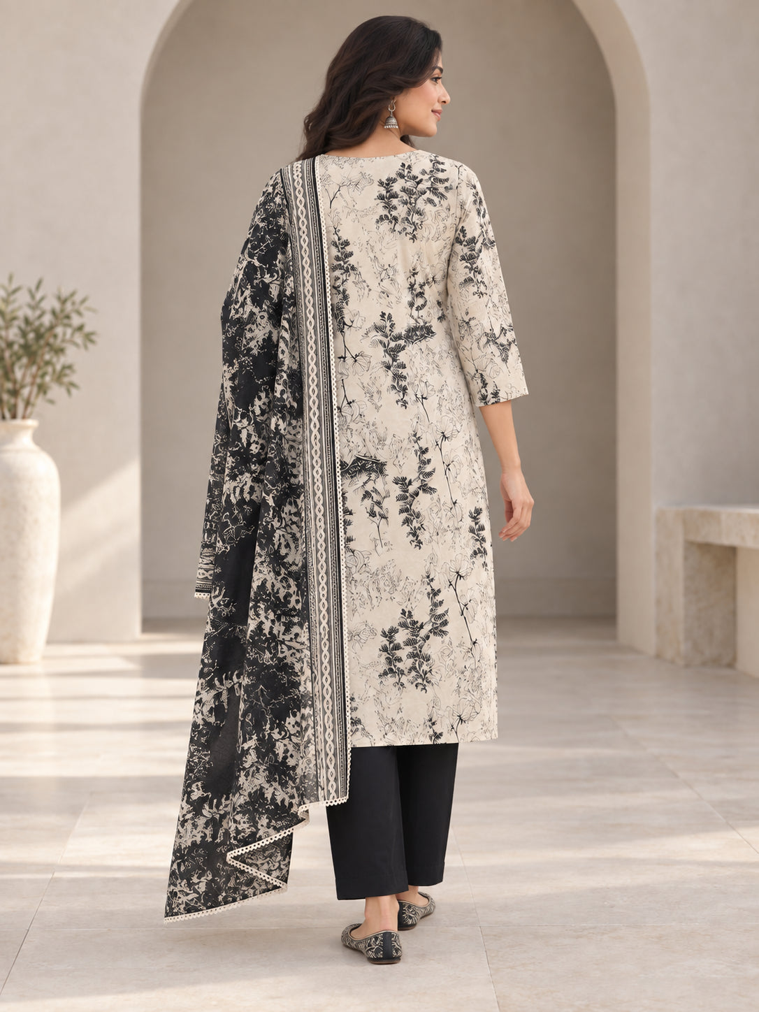 Peachmode Black Pure Cotton Botanical Printed Salwar Suit Set - Image 4