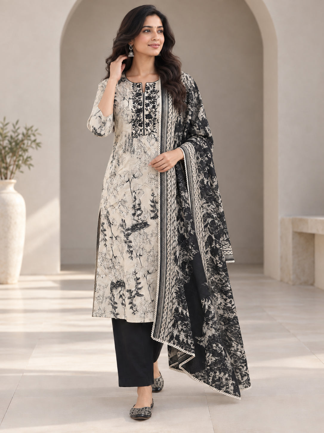 Peachmode Black Pure Cotton Botanical Printed Salwar Suit Set - Image 5