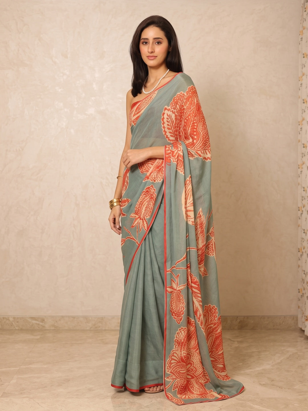 Peachmode Teal Grey Coral Floral Printed Georgette Saree - Image 5