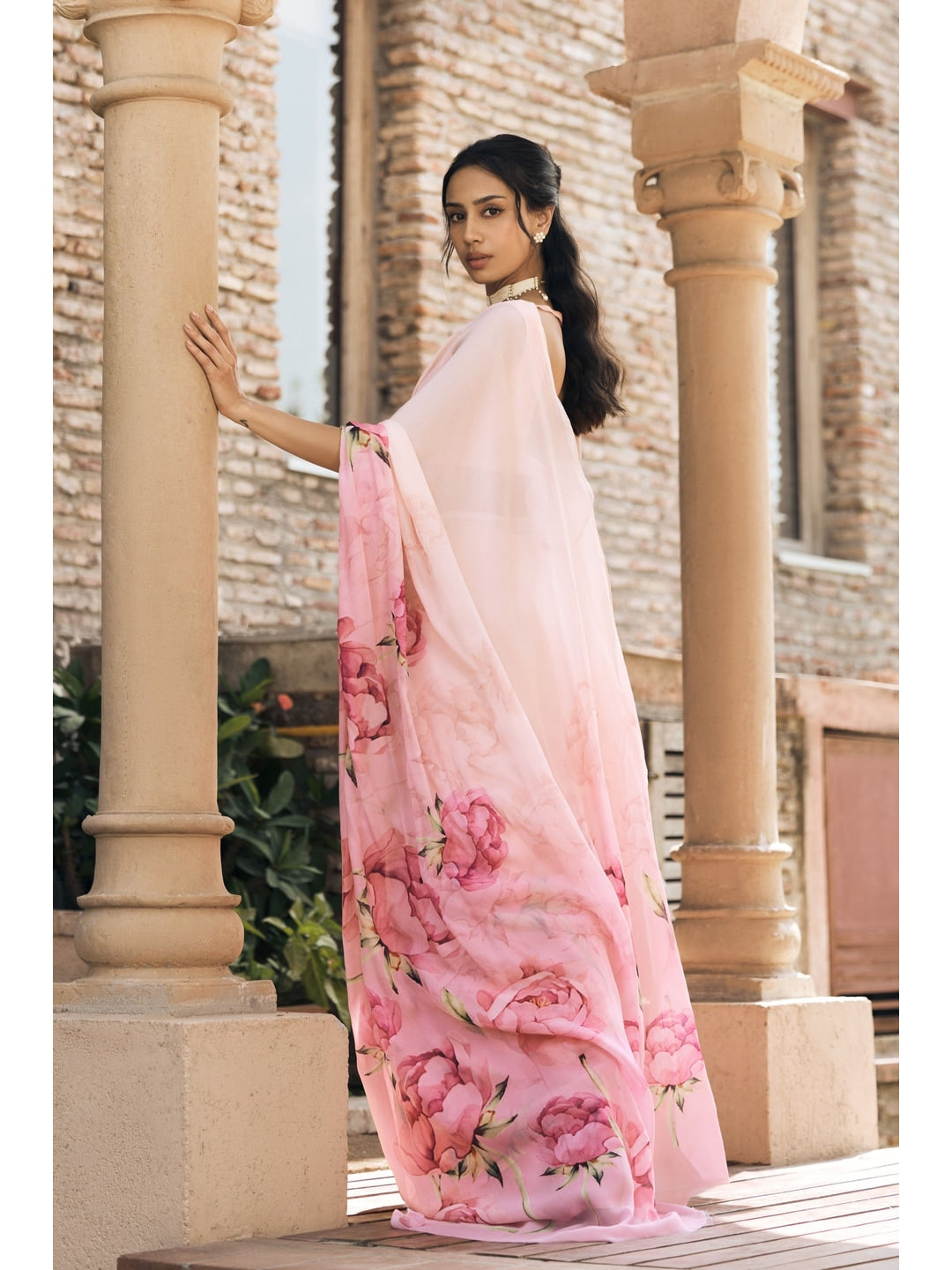 Peachmode Pink Rose Printed Georgette Saree - Image 2