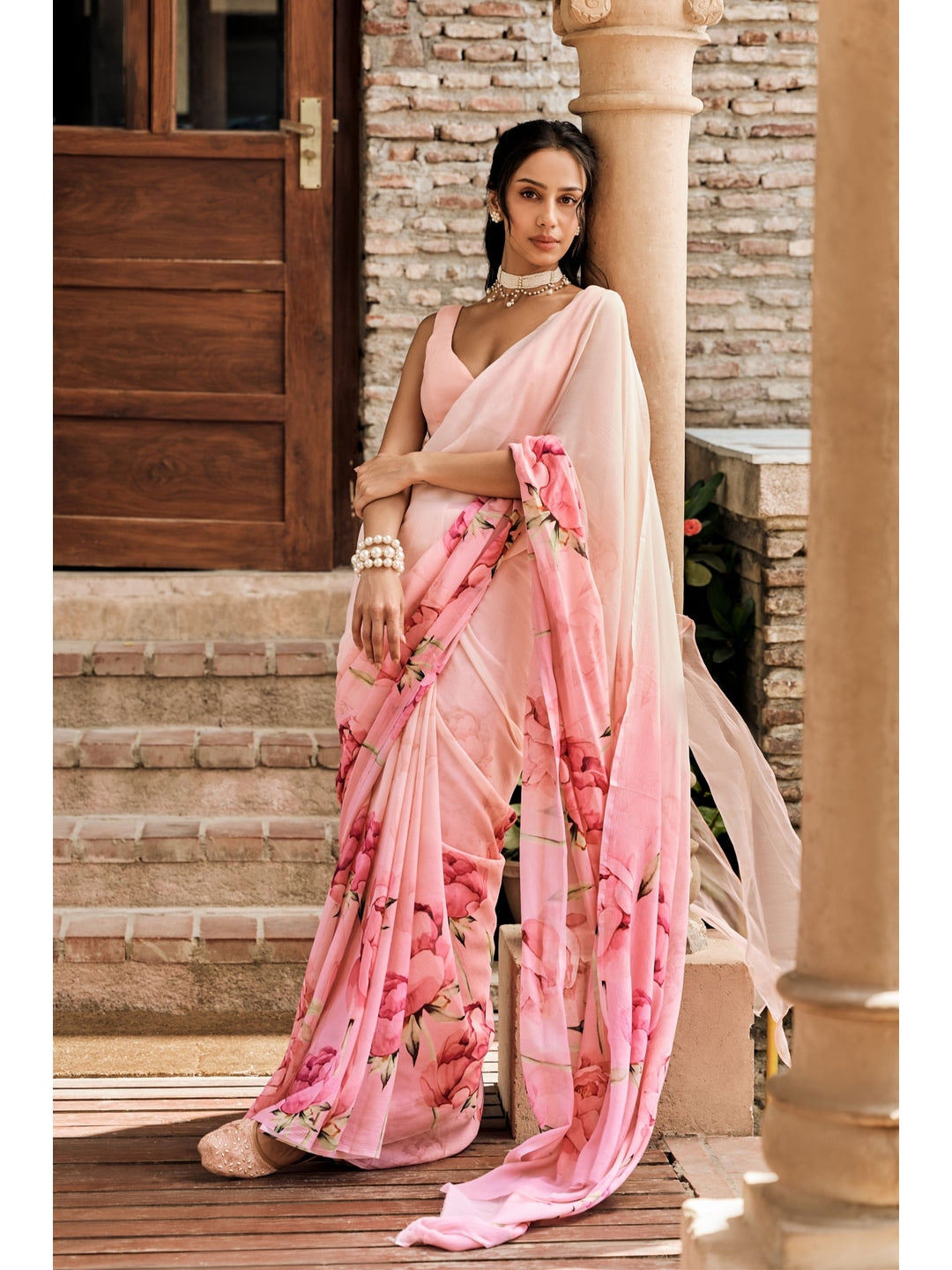 Peachmode Pink Rose Printed Georgette Saree - Image 3