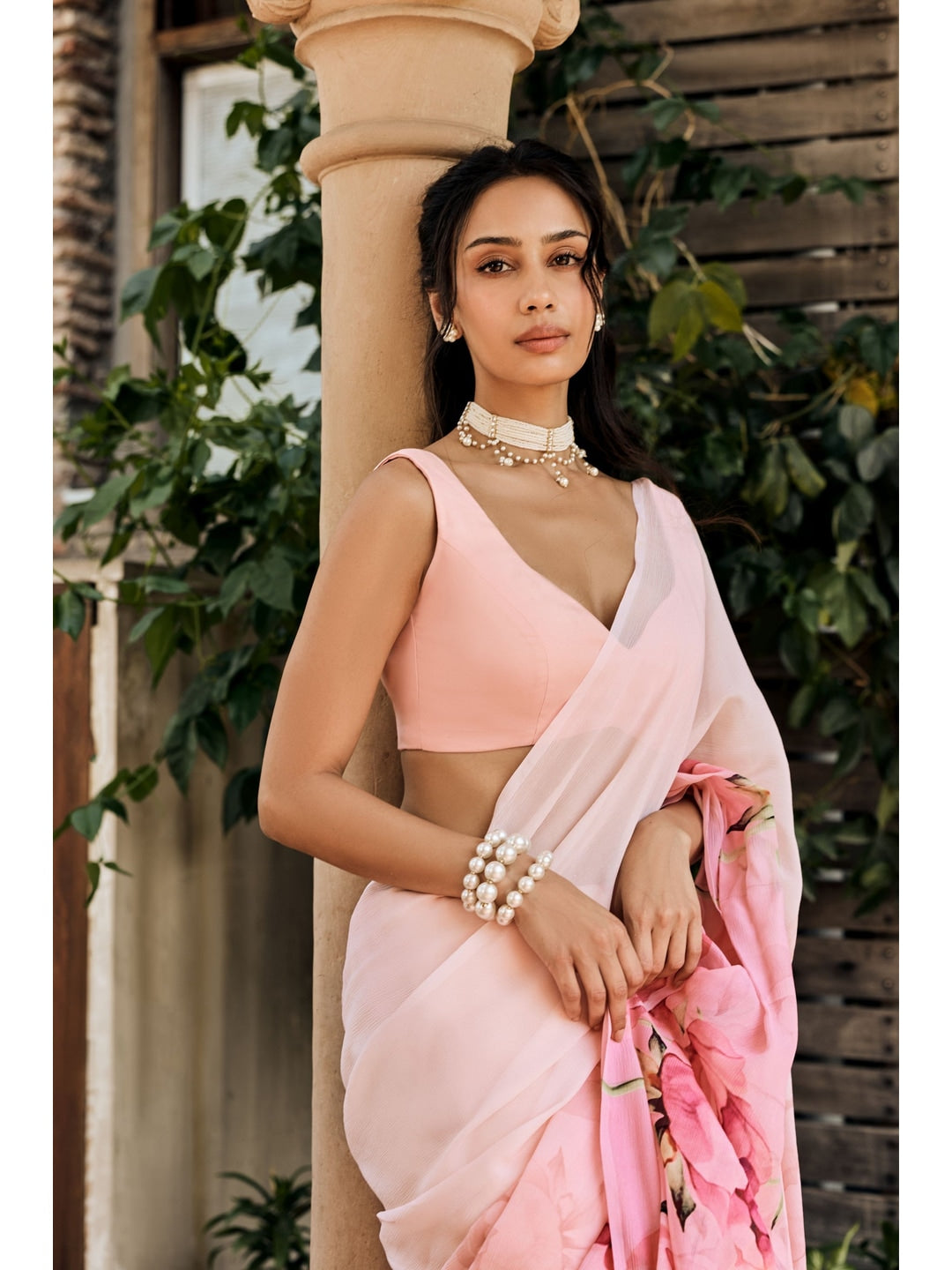 Peachmode Pink Rose Printed Georgette Saree - Image 4
