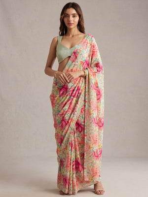 Peachmode Pista Green Multicolor Floral Printed Georgette Saree - Image 1